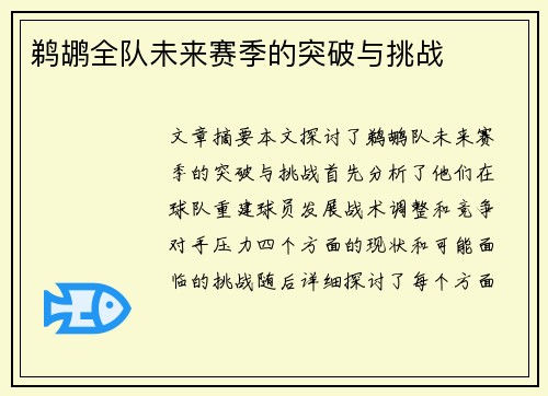 鹈鹕全队未来赛季的突破与挑战